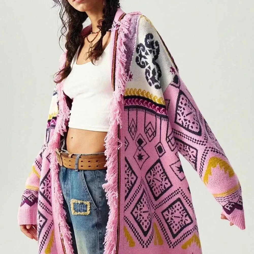 Multicolor Casual Women's Loose Geometric Pattern Fringe Trim Cardigan - Picture 1 of 4